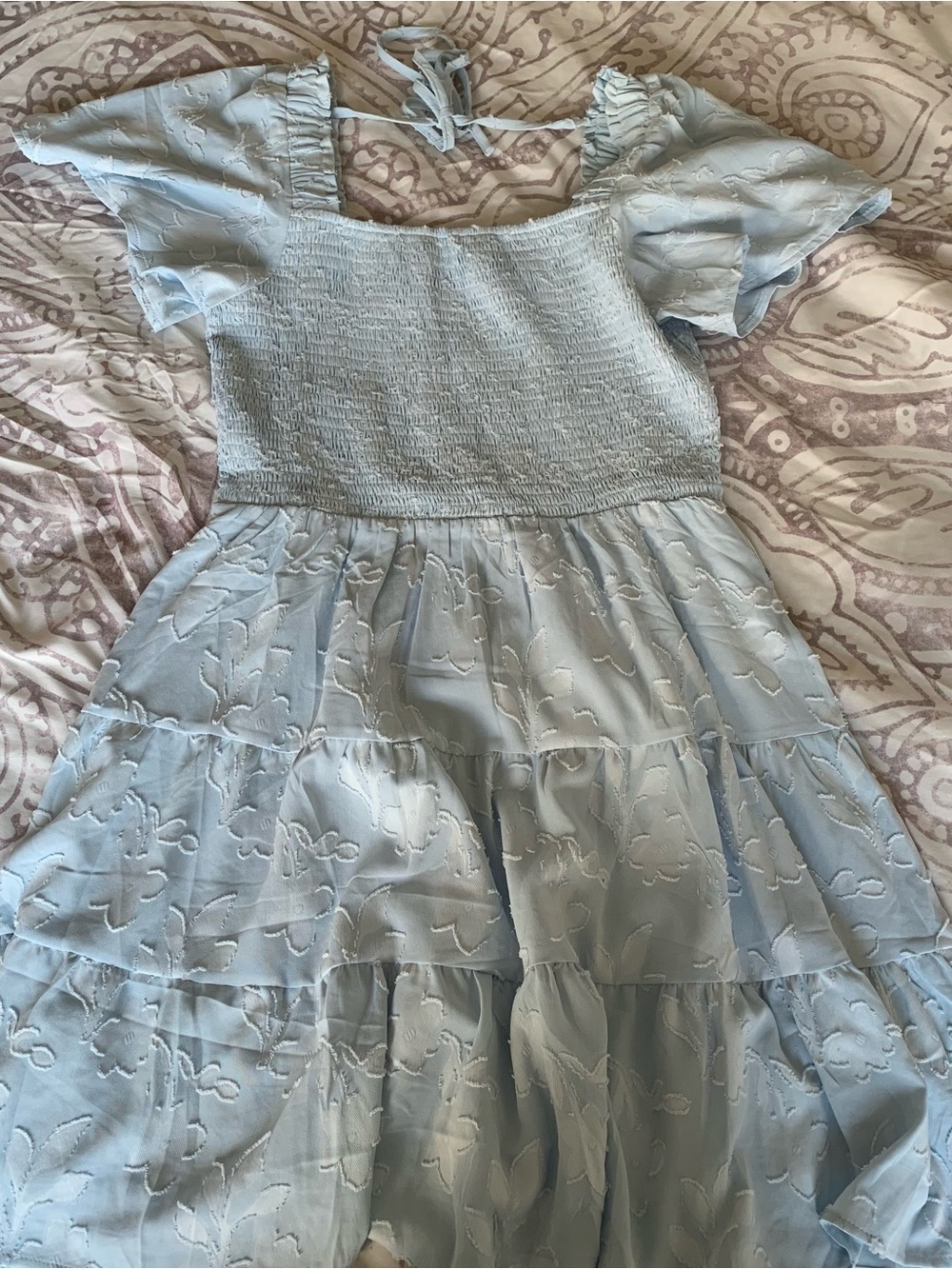 Light Blue Smocked Bodice Tiered Dress